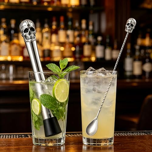 Homestia Skull Silver Cocktail Muddler Set - Halloween Gothic Barware