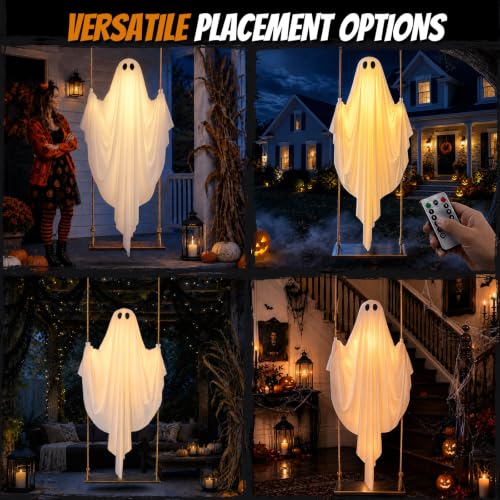 5FT Outdoor Hanging Ghost Swing with LED Lights, Adjustable & Timer