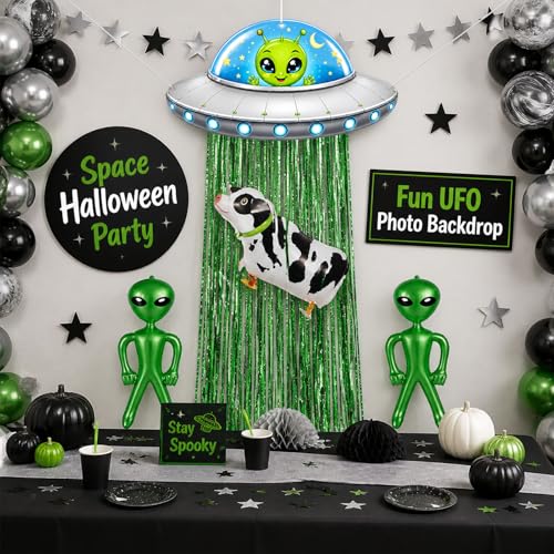 Alien Birthday Party Decorations Set UFO Inflatable Door Curtain & Balloons