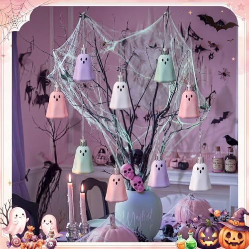 Pastel Halloween Ghost Hanging Ornaments - 36 Plastic Decorations, Ghost Variation