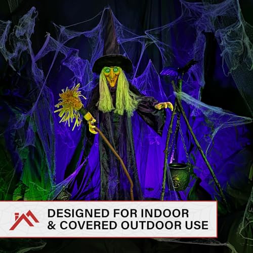 72-Inch Life-Size Talking Witch with Broomstick Halloween Animatronic - Touch Activated Lights and Sound