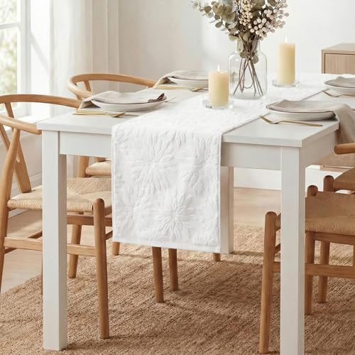 White Cotton 3D Jacquard Dahlia Floral Table Runner 13x72 Inch - Home Decor