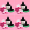 Small Witch Party Hanging Decor Set of 4 - Pink Tiaras & Black Hats, Iridescent Centerpieces