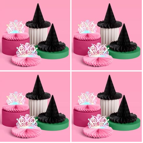 Small Witch Party Hanging Decor Set of 4 - Pink Tiaras & Black Hats, Iridescent Centerpieces