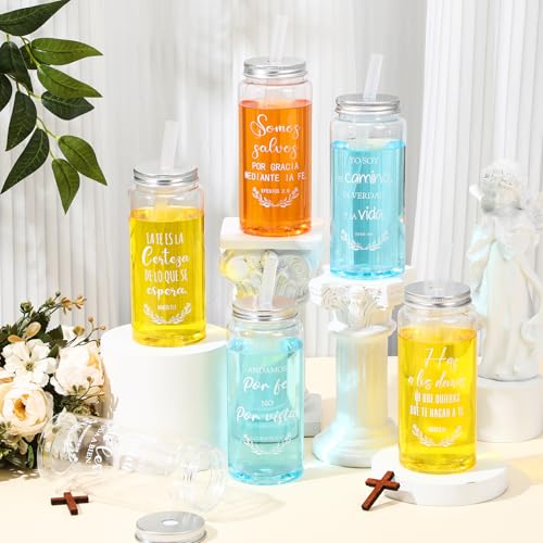 Spanish Christian Gift Cups 20 Pack - Reusable 13.5 oz Mason Jar with Straw & Lid