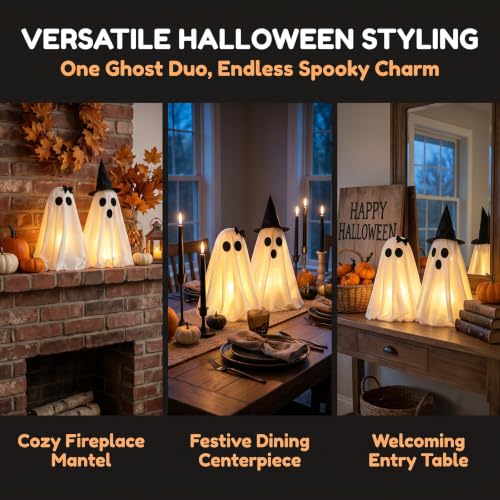 Light-Up Halloween Ghost Decorations Set - Spooky LED Tabletop Ornaments with Bow & Witch Hat, Indoor Mantel Decor, 2 Pack