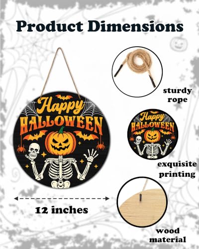 Halloween Wooden Door Sign - Skeleton Pumpkin Spooky Holiday Decor 12x12 Inches