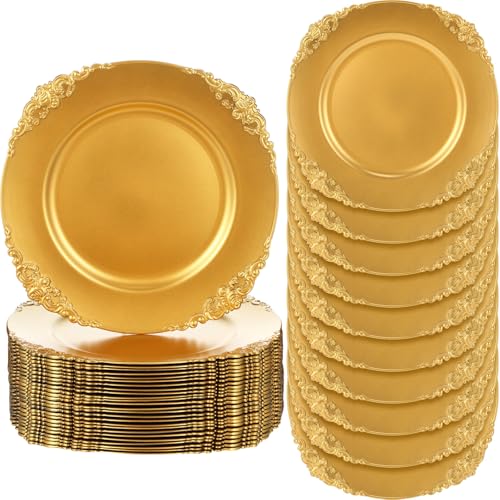 36 Pack 13 Inch Gold Embossed Round Charger Plates - Elegant Plastic Dinnerware