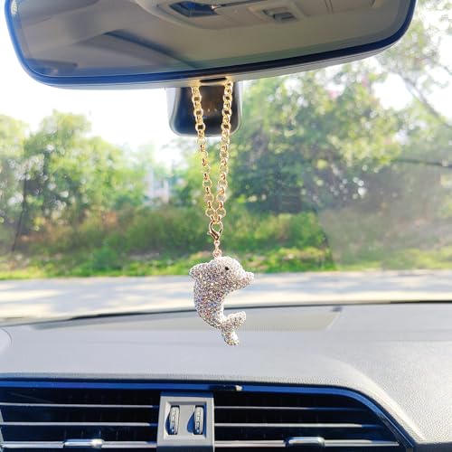 White Bling Dolphin Rear View Mirror Charm - Sparkling Rhinestones Car Decor