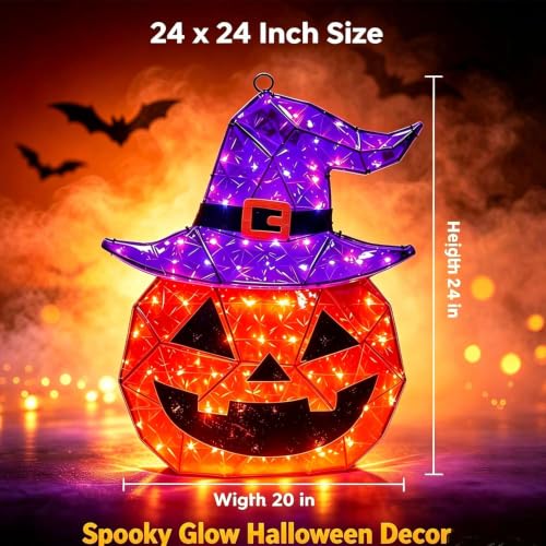 Outdoor Light Up Pumpkin with Witch Hat & 85 LEDs - 24 Inch Halloween Decor