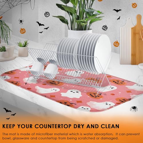 Halloween Pumpkin Kitchen Dish Drying Mat - 18 x 24 Inches, Ghost Pink Variation