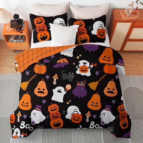 Queen Halloween Duvet Cover Set - Reversible Black Ghost Bedding 90x90