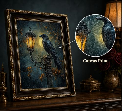 Gothic Black Raven Canvas Wall Art - Framed 16x12 Inches - Dark Decor
