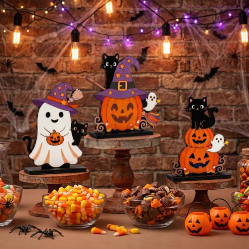 Halloween Wooden Tabletop Signs Set - Ghost Pumpkin Black Cat Spooky Cute Desk Decor
