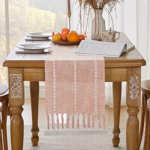 Wracra Rustic Linen Table Runner 13x60 Inches - Orange Boho Decor