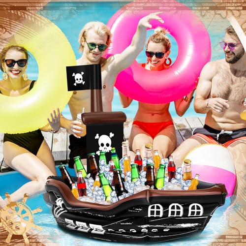Inflatable Pirate Ship Drink Cooler with Skull Flag - Classic Colors, 36x44 Inches
