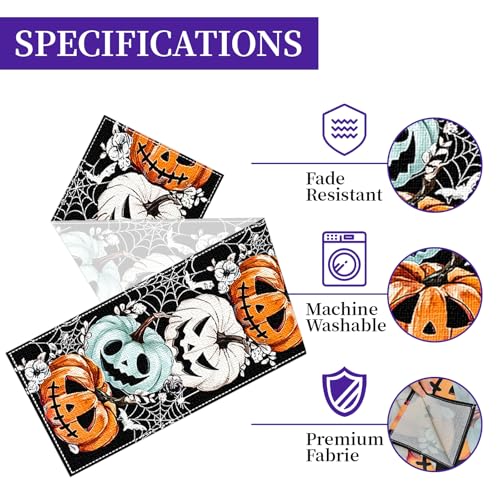 Halloween Table Runner 13x72 Inch Spider Web Pumpkins Decor - Black Variation
