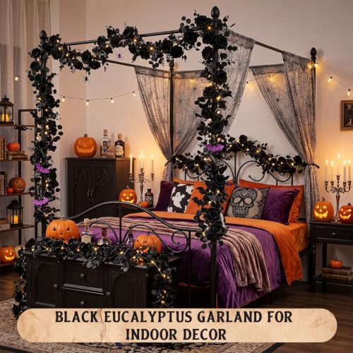 Black Artificial Eucalyptus Garland with Roses - 4 Pack, 26ft