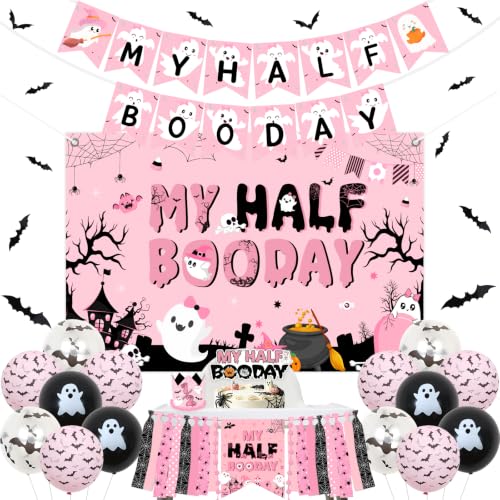 Pink and Black Halloween Half Birthday Decorations Set for Girls | Party Banner, Backdrop, Balloons & Wall Stickers