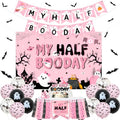 Pink and Black Halloween Half Birthday Decorations Set for Girls | Party Banner, Backdrop, Balloons & Wall Stickers