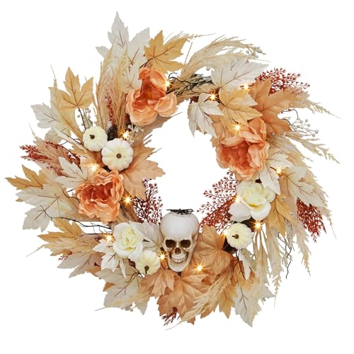 22-Inch Halloween Skull Wreath with Lights for Front Door & Indoor Decor