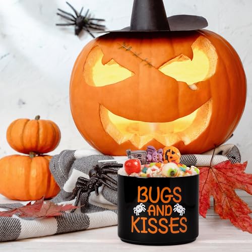 Halloween Candy Dish Cauldron with Bugs and Kisses - Mini Ceramic Snack Bowl, Tiered Tray Decor