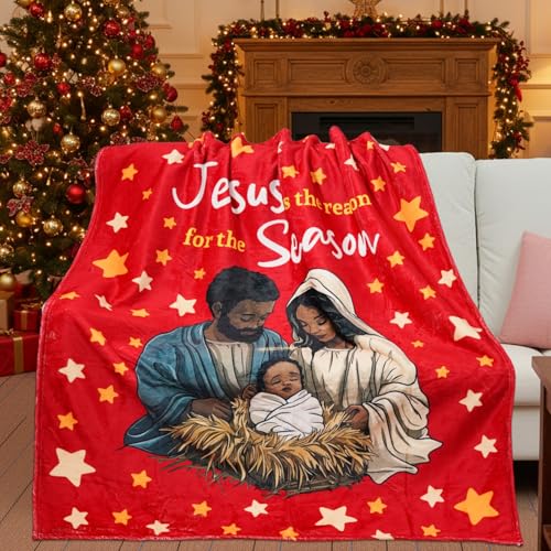 Christmas Throw Blanket with Nativity Design - Black Santa & Jesus - 50x60 Inch