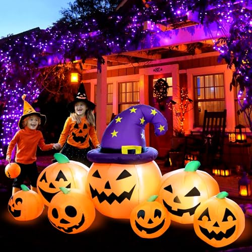 Round 8FT Halloween Inflatable Pumpkin with Witch Hat Yard Decor - Outdoor