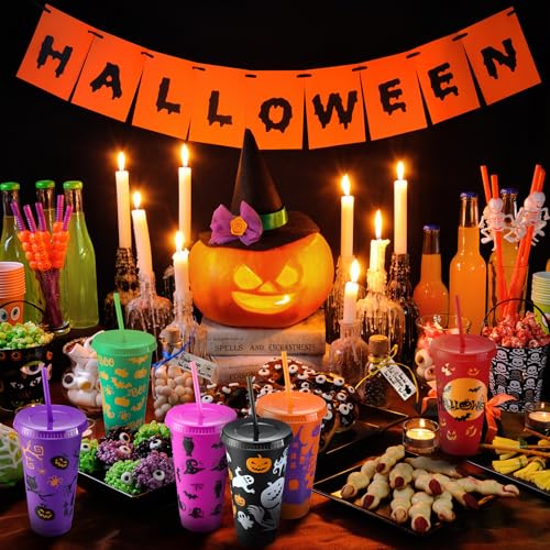 Halloween Plastic Tumbler Set 40 Pcs 24oz with Lid & Straw - Colorful Patterns