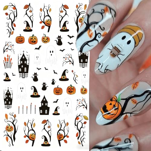Halloween Nail Stickers Pumpkin Ghost Bat Web Skull Floral DIY Self-Adhesive Decor - Style 8