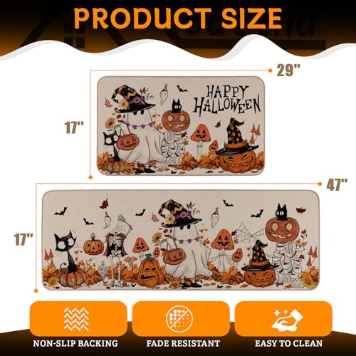 Halloween Decorative Kitchen Rugs Set of 2 - Ghost, Pumpkin, Skeleton, Mushroom, Multi-Color