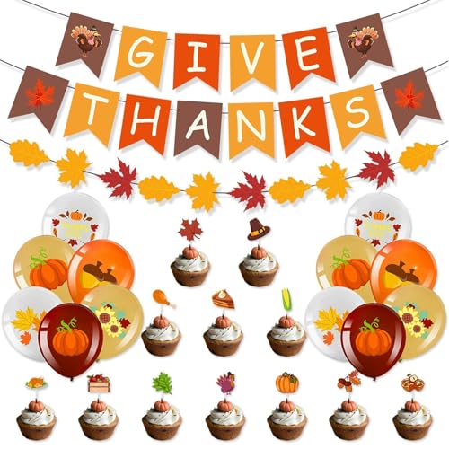 Thanksgiving Fall Banner Balloon Party Supplies Set with Maple Leaf Flags & Cake Toppers