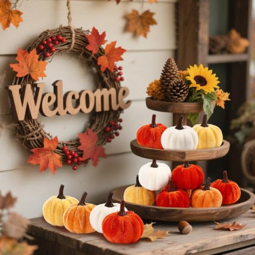 Fall Autumn Artificial Velvet Pumpkins Mini Faux Pumpkins Set - 16 Pieces - Color Variation of Fall Pumpkins