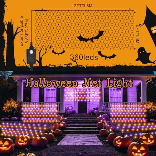Halloween Net Lights Outdoor 360 LED String Lights - Orange & Purple - 12x5 FT with 8 Modes & Connectable, IP65 Waterproof, Festive Decoration