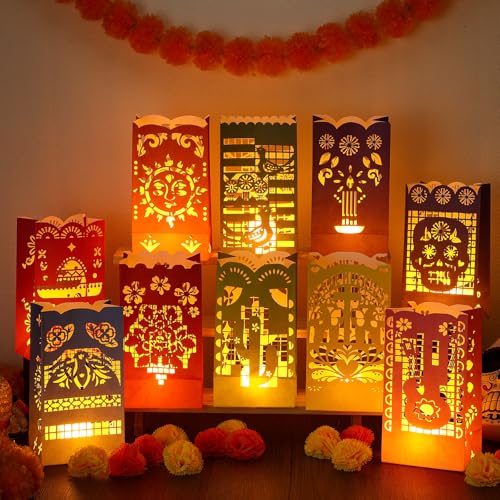 50 Pack Dia de Los Muertos Luminary Bags for Halloween Party Decorations