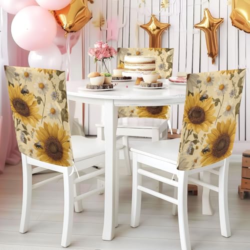 Dining Chair Covers Set of 2 - Sunflowers & Daisy Bees Pattern, Beige, 19.7x23.6 Inches - Halloween & Christmas Decor