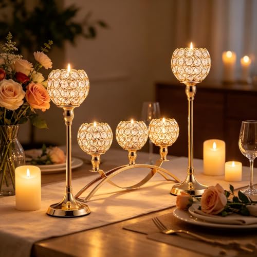 Gold Crystal Candle Holders Set of 3 - 4-inch Crystal Ball Centerpieces with Variation 8.3