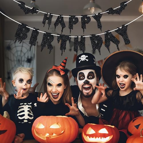 Halloween Birthday Banner with Bat Decorations - Glitter Black Party Garland for Kids & Adults