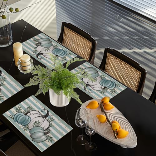 Thanksgiving Placemats Set of 4 - 12x18 Inch Pumpkin & Maple Leaf Design - Blue