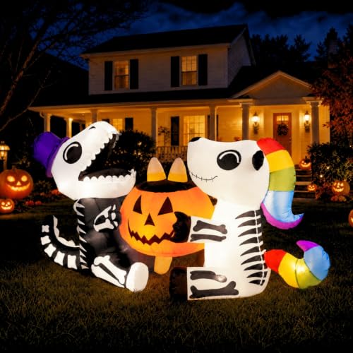 6 Ft Inflatable Sitting Skeleton Dinosaur with Pumpkin Halloween Yard Decor