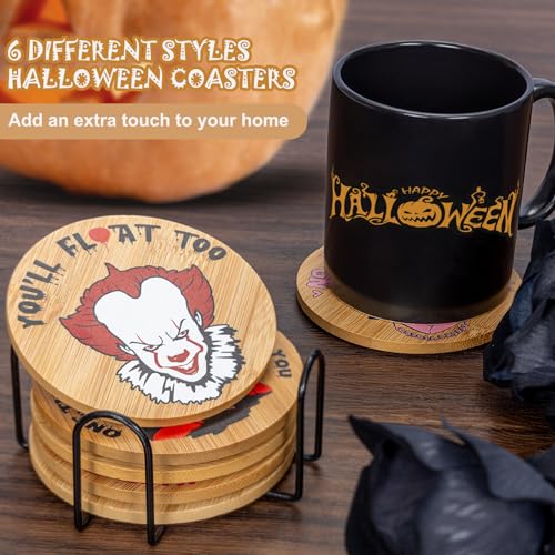 TuTuArt Bamboo Horror Movie Character Coasters Set with Holder - Halloween Drink Accessories