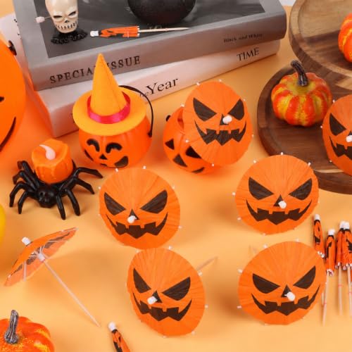 Halloween Pumpkin Cocktail Umbrellas - 100 Pack Party Drink Decor