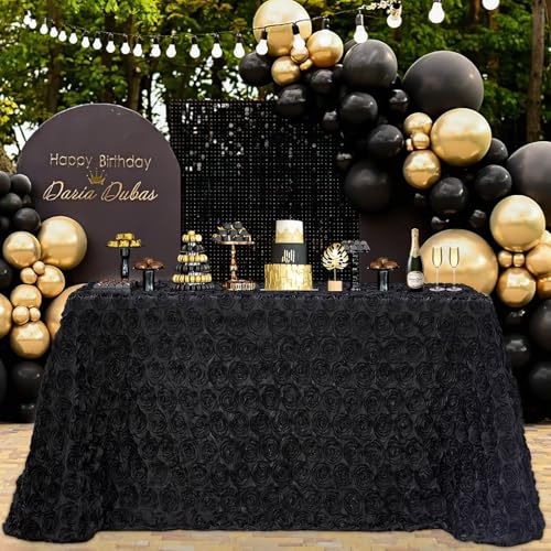 Black 90x156 Inch Satin Rosette Tablecloth - Floral Wedding & Event Cover
