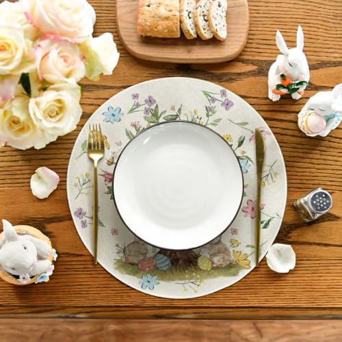 14 Inch Round Easter Placemat Set of 4 - Bunny Rabbit Egg Tree Flowers