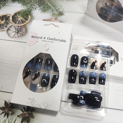 Moon and Stars Press On Nails - Black Cat Night Sky Square Medium 39 - Reusable Gel Glue