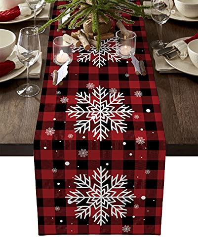 13 x 90 Inch Christmas Table Runner - Red Black Buffalo Plaid Snowflake Decor
