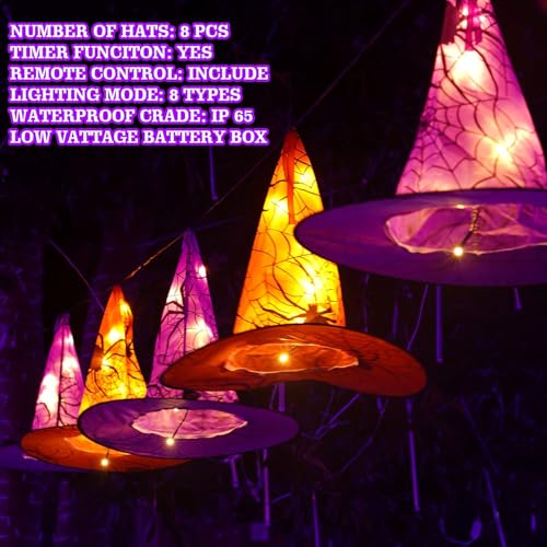 FUNPENY Halloween Hanging Witch Hat String Lights - Purple & Orange 2 Pack Waterproof Indoor Outdoor Decorations