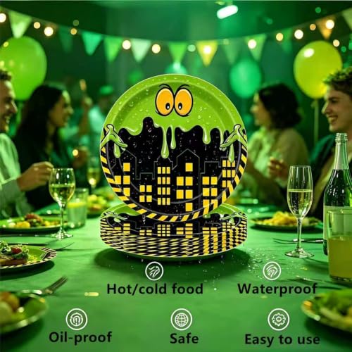 Green 81pcs Halloween Party Plates Set with Tablecloth - Pumpkin & Ghost Design