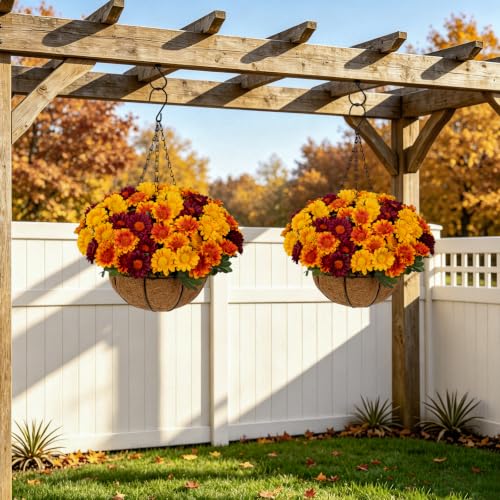 8-Inch Autumn Hanging Basket with Burgundy, Orange & Yellow Daisies - Fall Decor