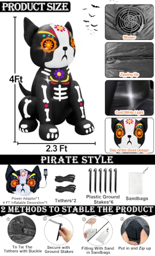 4 Ft Day of The Dead Inflatable Skull Dog with LED Lights for Halloween & Outdoor Decor